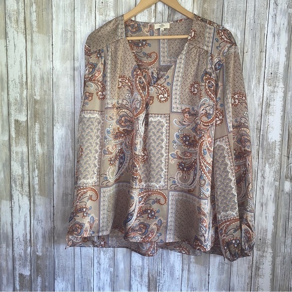 entro Tops - Entro Tan Mixed Print Satin Blouse